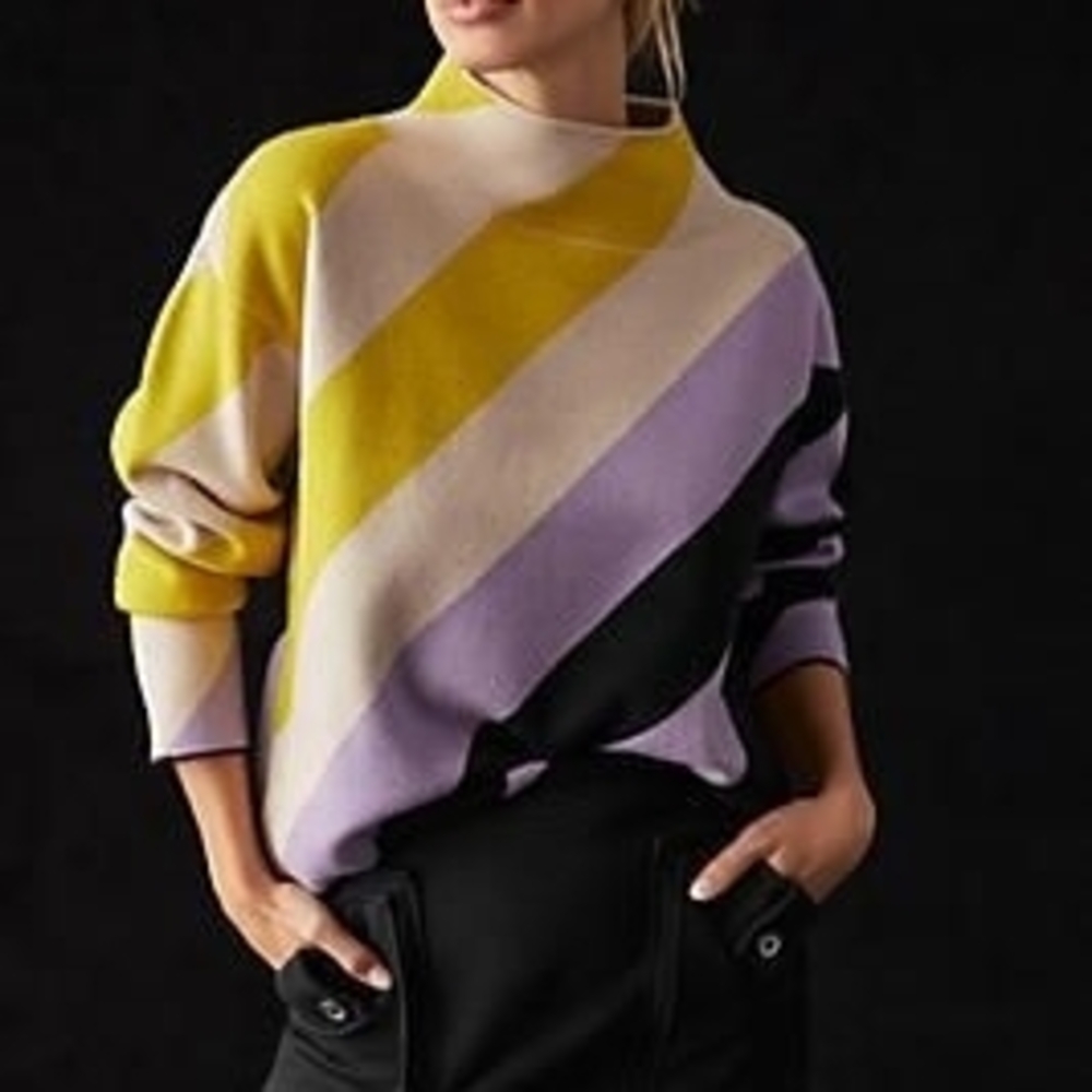 Maeve Yellow, Purple, and Black Striped Turtleneck Sweater